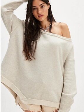 Free People Cream Off-Shoulder Oversized Sweatshirt